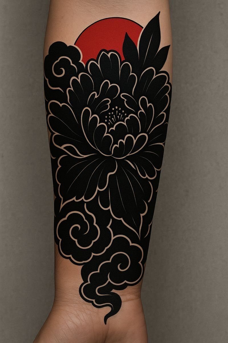 Black ink peony and cloud tattoo on a forearm with a red sun.