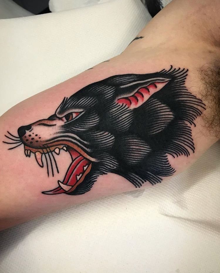 American traditional tattoo of a snarling black wolf head on a person's arm.