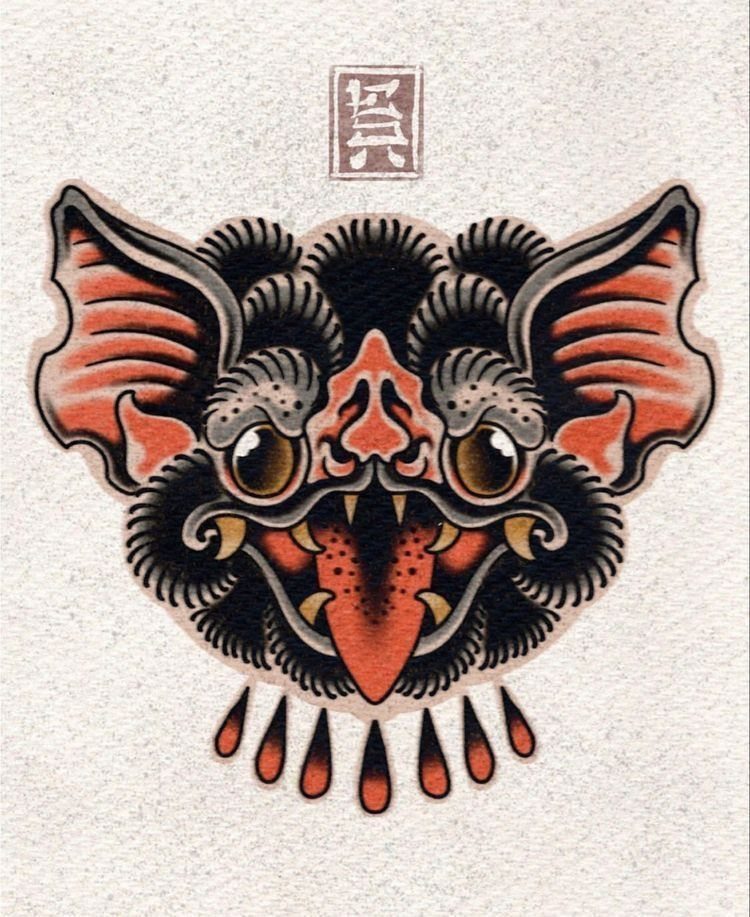 Stylized bat head tattoo design with bold outlines and red shading on white paper