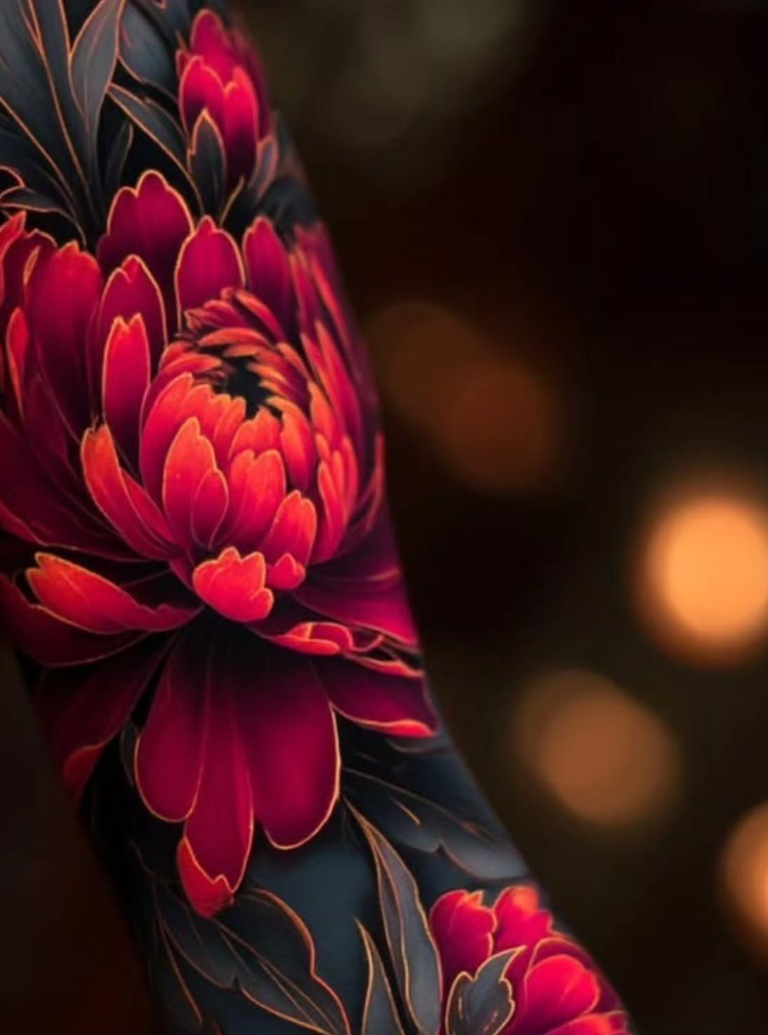 Red chrysanthemum flowers tattooed over a solid black ink background on an arm.