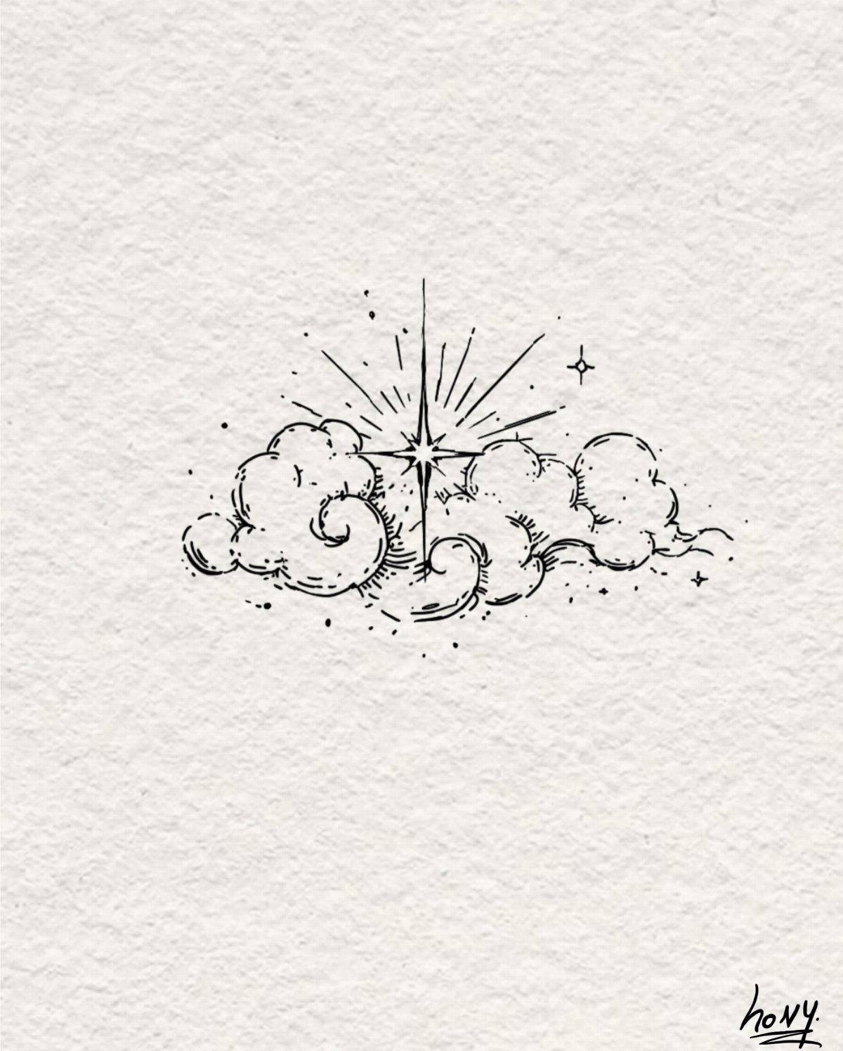Stylized black ink clouds and a radiating star drawn on textured white paper.