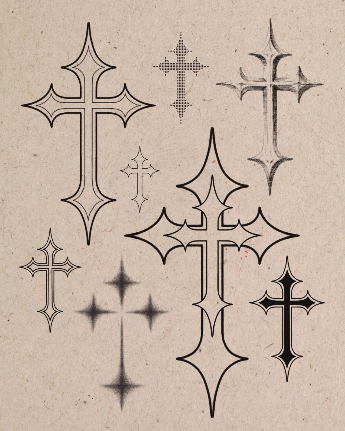 Stylized black ink cross designs with curved edges on beige textured paper.