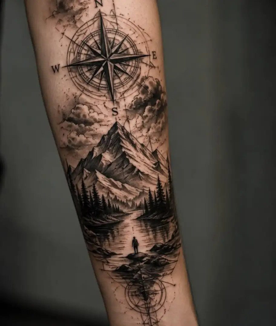 Compass rose tattoo above a mountain landscape with a lake on an arm.