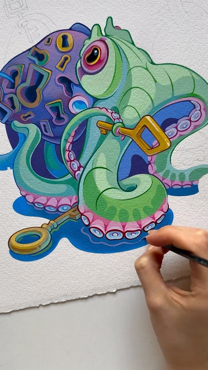 Colorful drawing of a green octopus with a purple shell and golden keys.