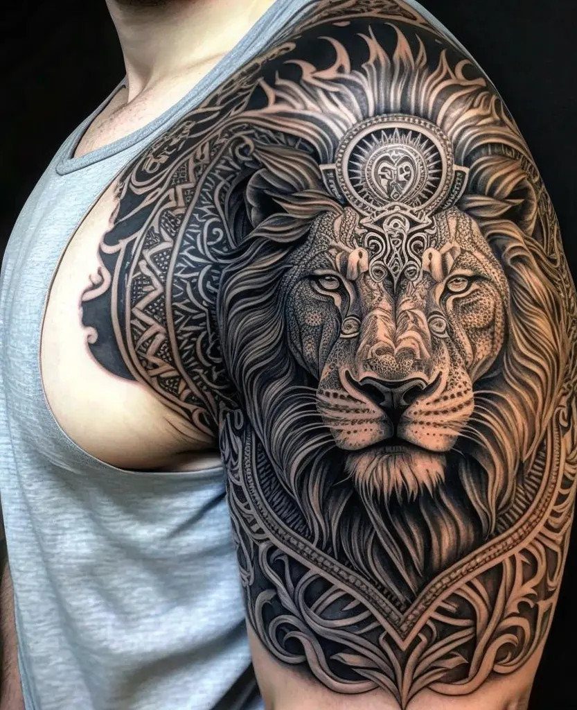 Detailed black and grey lion head tattoo with geometric patterns on a shoulder.