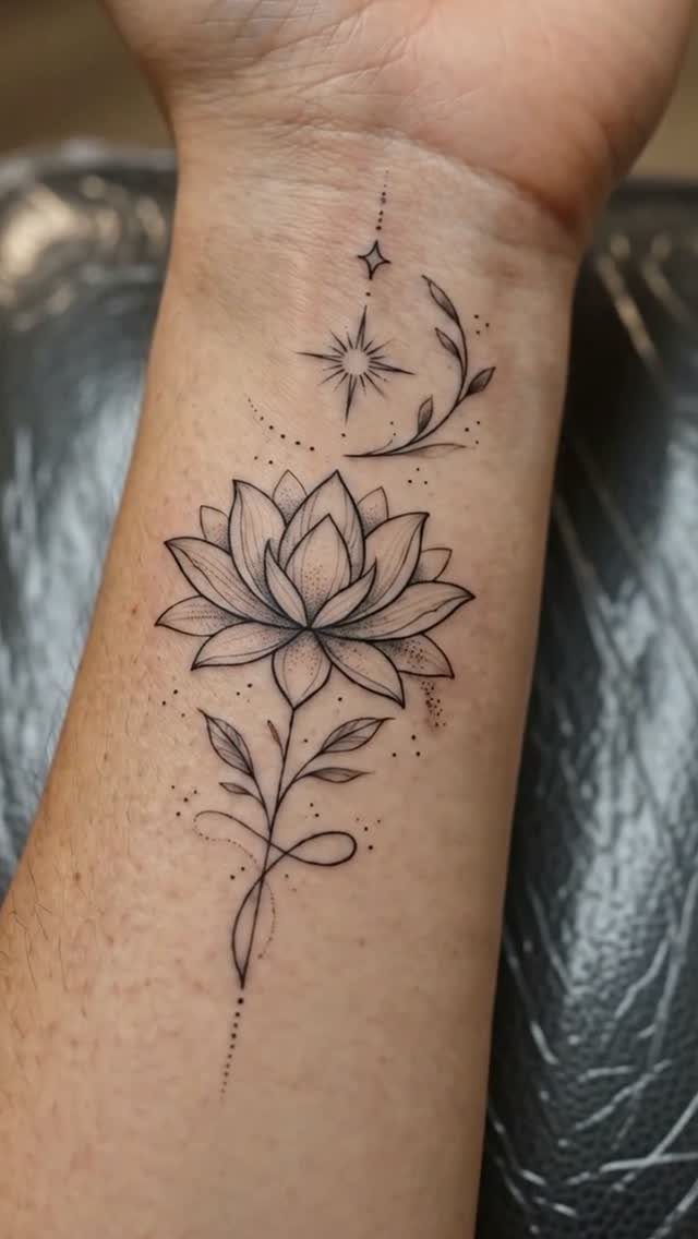 Lotus flower tattoo with a star and dots on a person's forearm