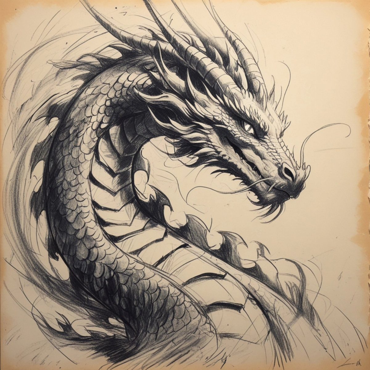 Detailed pencil drawing of a mythical dragon head with scales and horns on parchment.