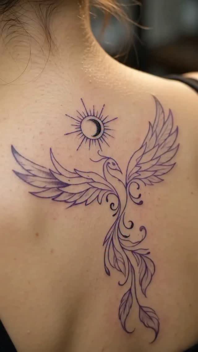 Purple phoenix tattoo with a sun and moon symbol on a person's back.