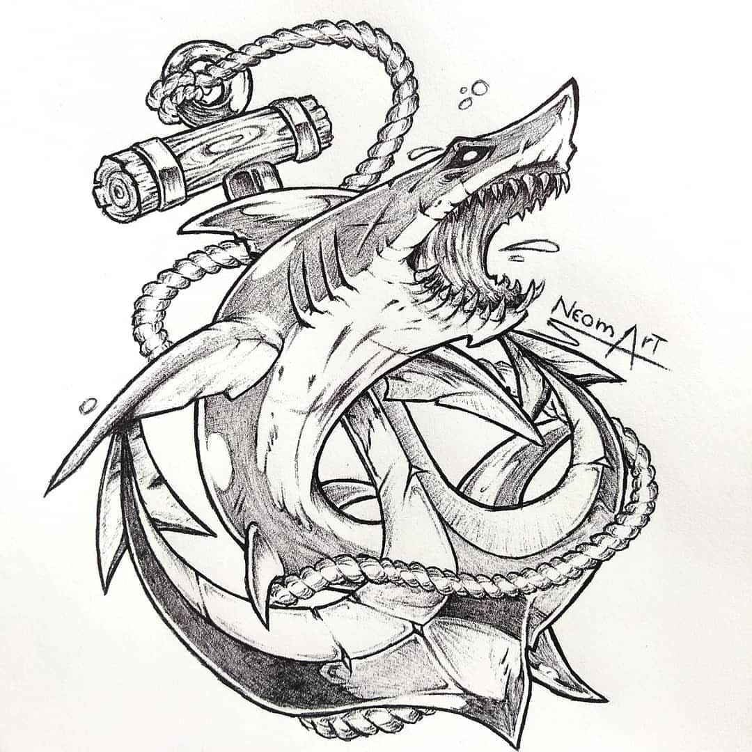 Shark entwined with a nautical anchor and rope in a black and white drawing