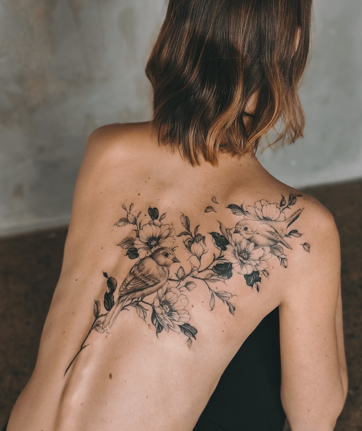 Woman's back with a large black and grey tattoo of birds and flowers.