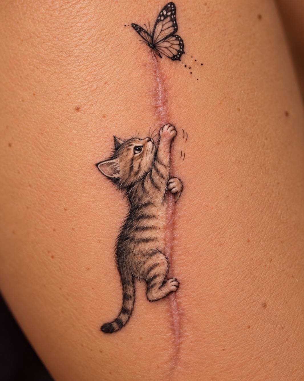 Striped brown kitten tattoo reaching for a butterfly over a surgical scar