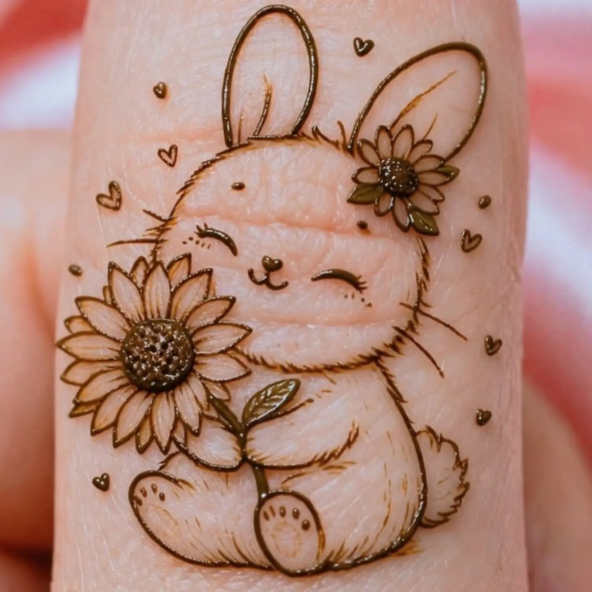 Cute bunny holding a sunflower in a brown henna tattoo on a finger