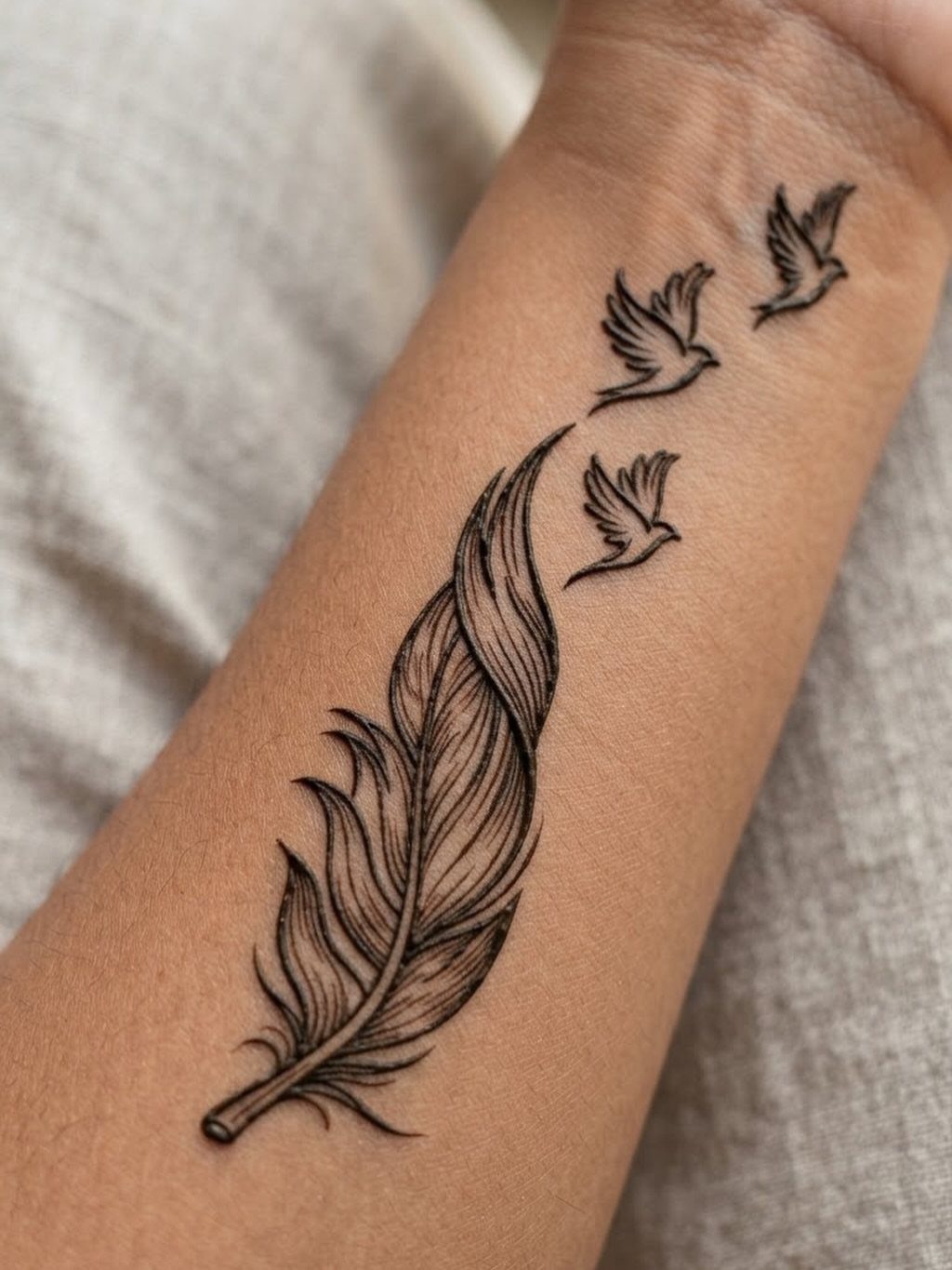 Black henna tattoo of a feather transforming into three tiny birds on a wrist.