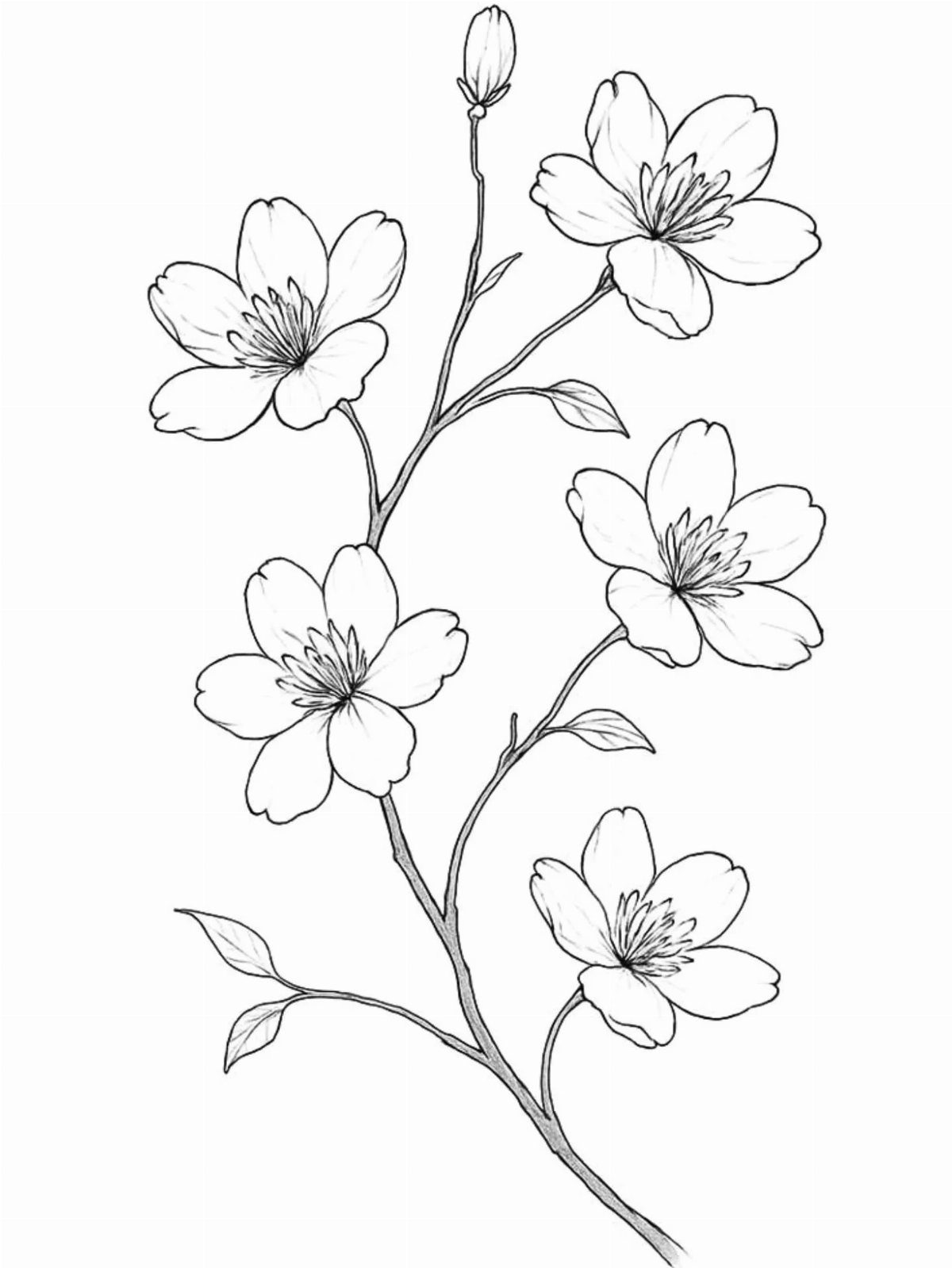 Flowering branch with five open blossoms and one bud in black line art.