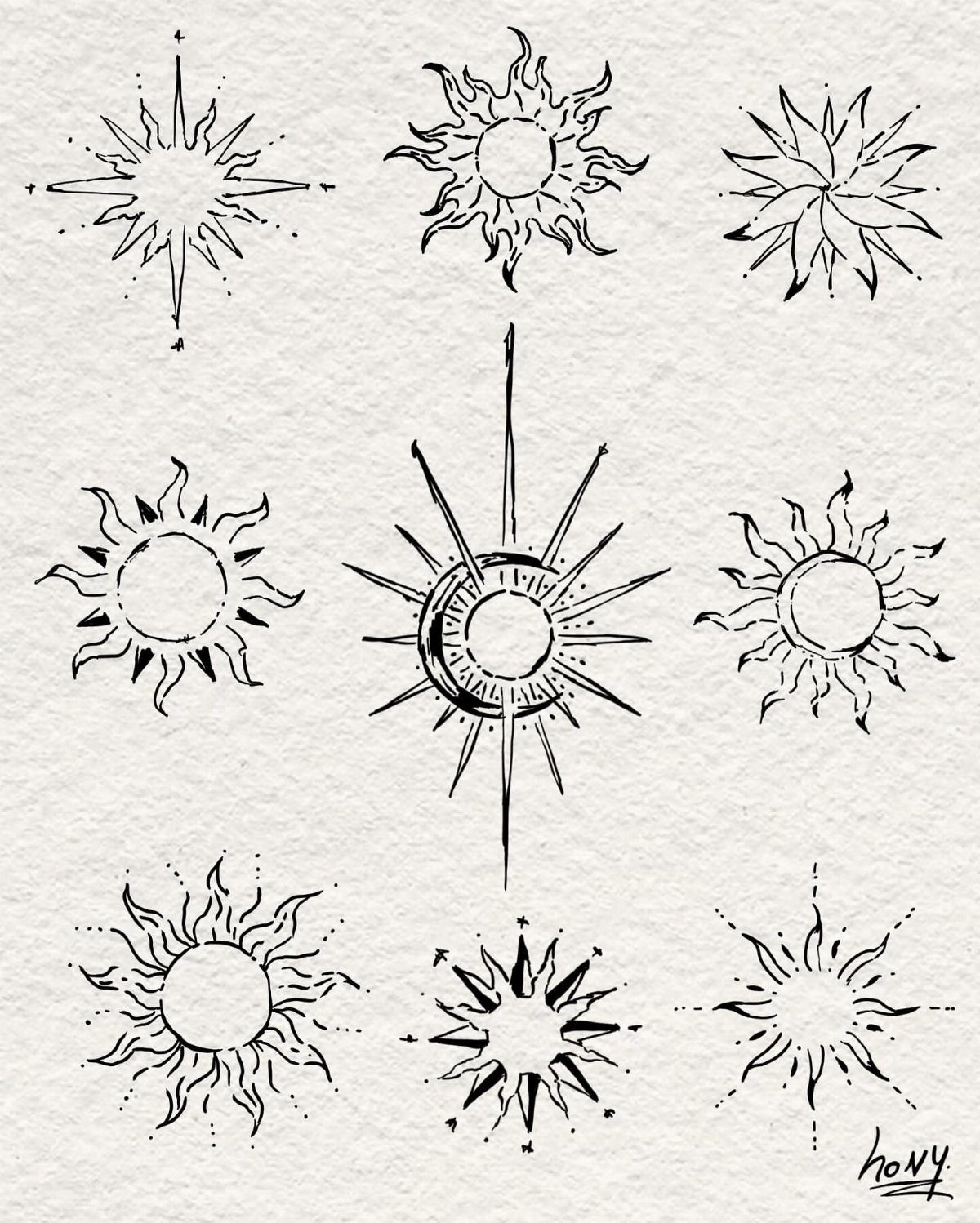 Nine minimalist sun tattoo designs sketched in black ink on textured paper.