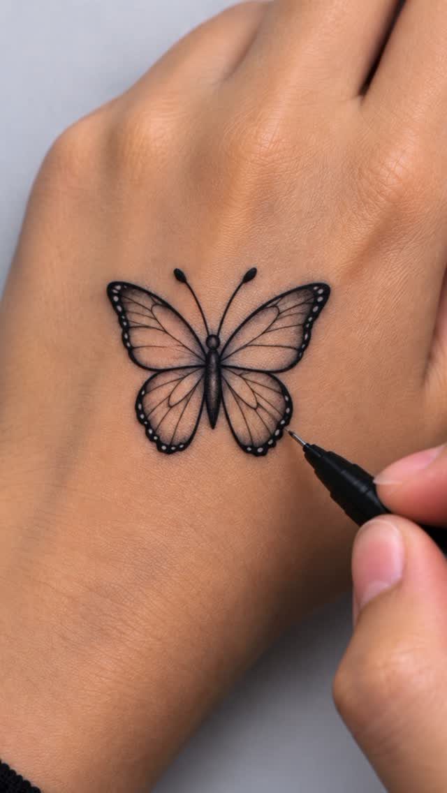 Butterfly tattoo drawing being sketched on a person's hand with a black pen