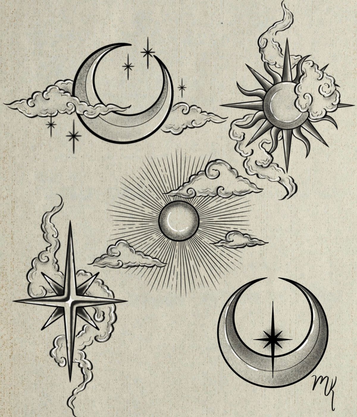 Celestial tattoo designs featuring crescent moons, a sun, and stars with clouds.