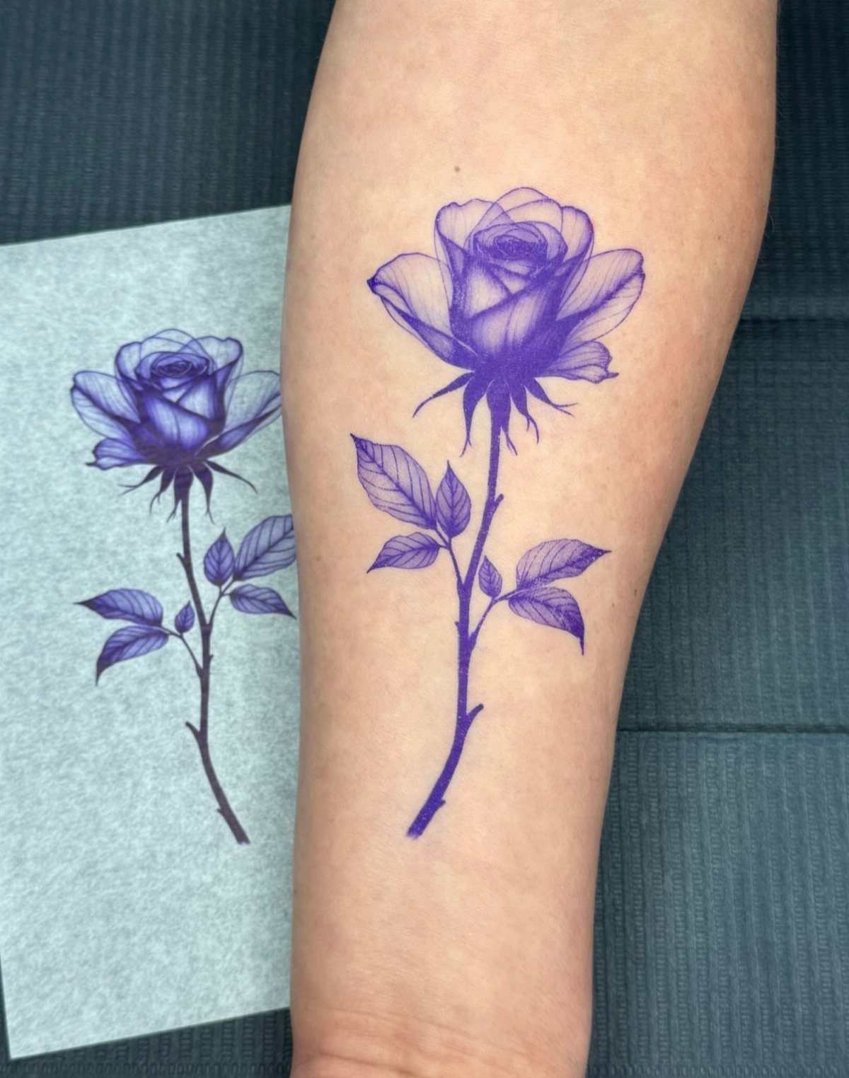 Purple rose tattoo stencil applied to a person's inner forearm next to stencil paper.
