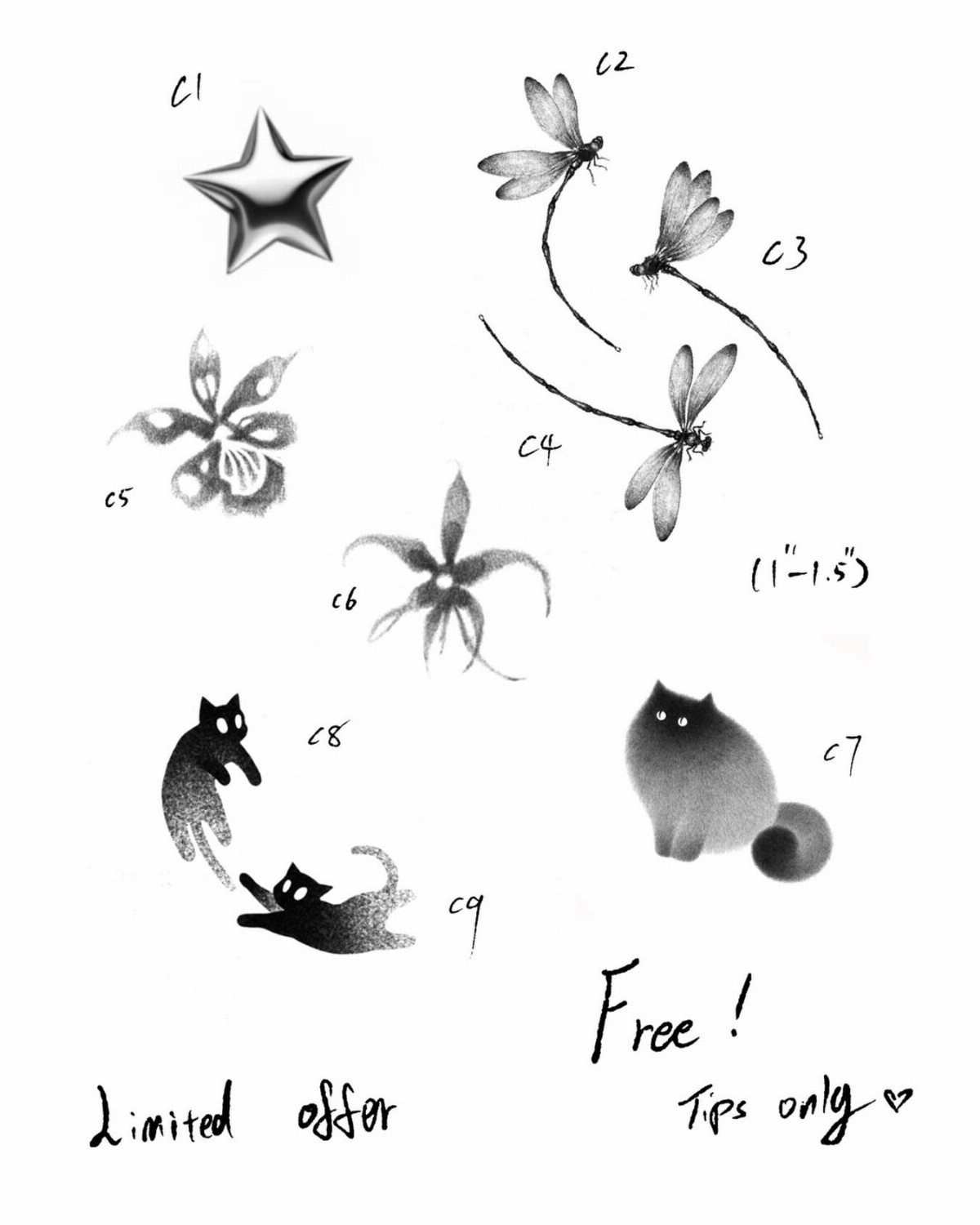 Collection of small tattoo sketches including cats, flowers, and a star on white paper.