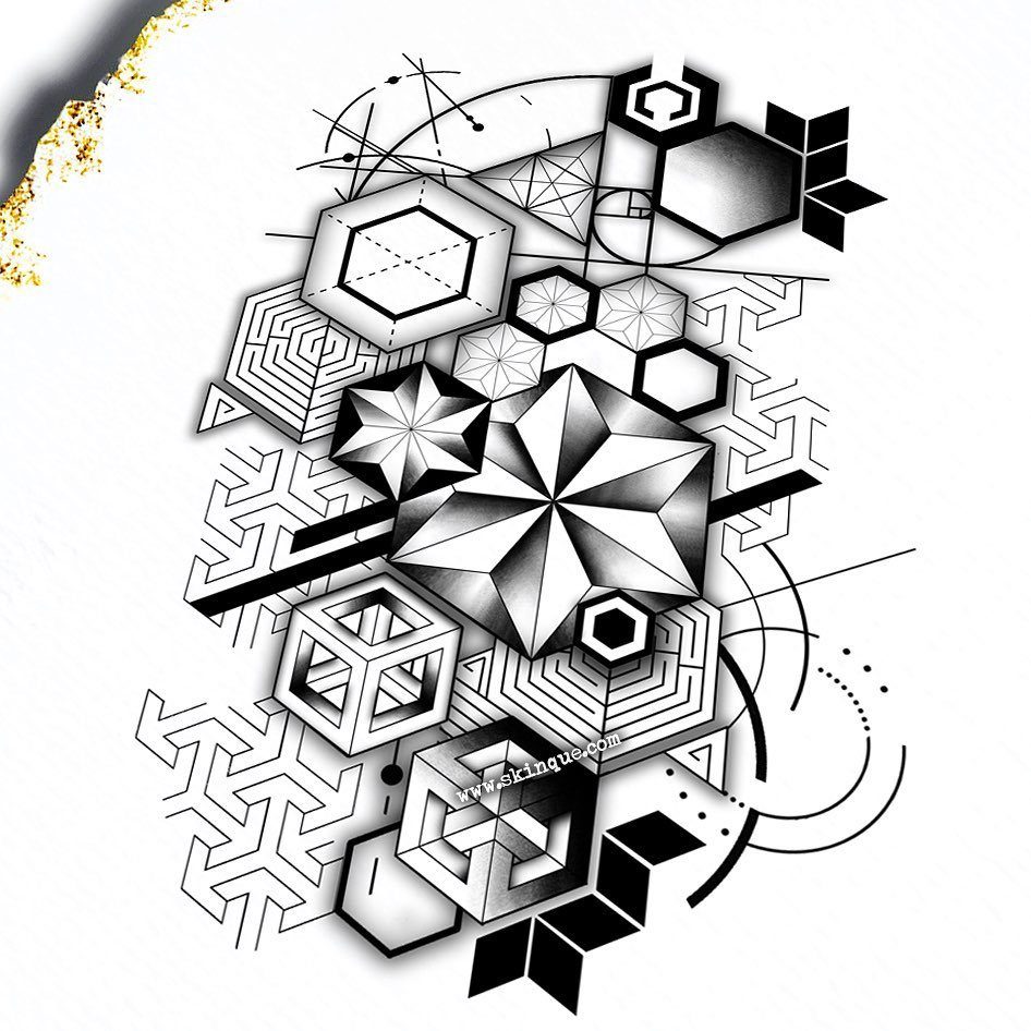 Geometric tattoo design with 3D cubes and hexagons in black and white ink.