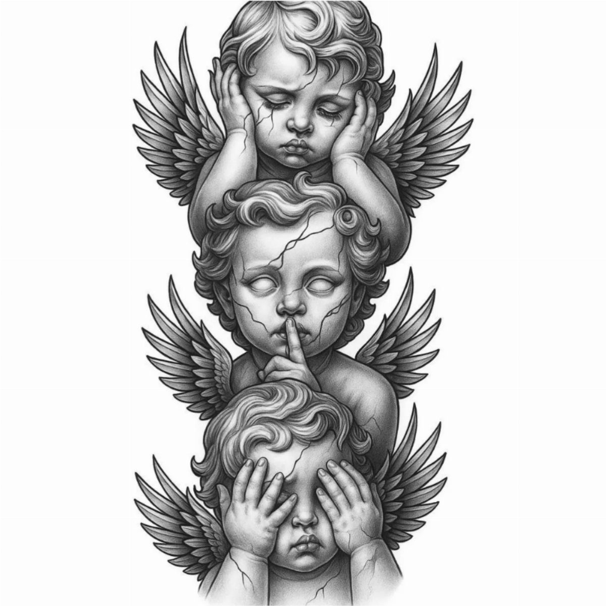 Three grayscale cherubs representing see, hear, and speak no evil in a tattoo design.