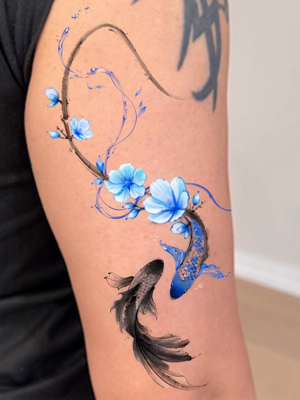 Watercolor koi fish and blue flowers digitally overlaid on a person's arm