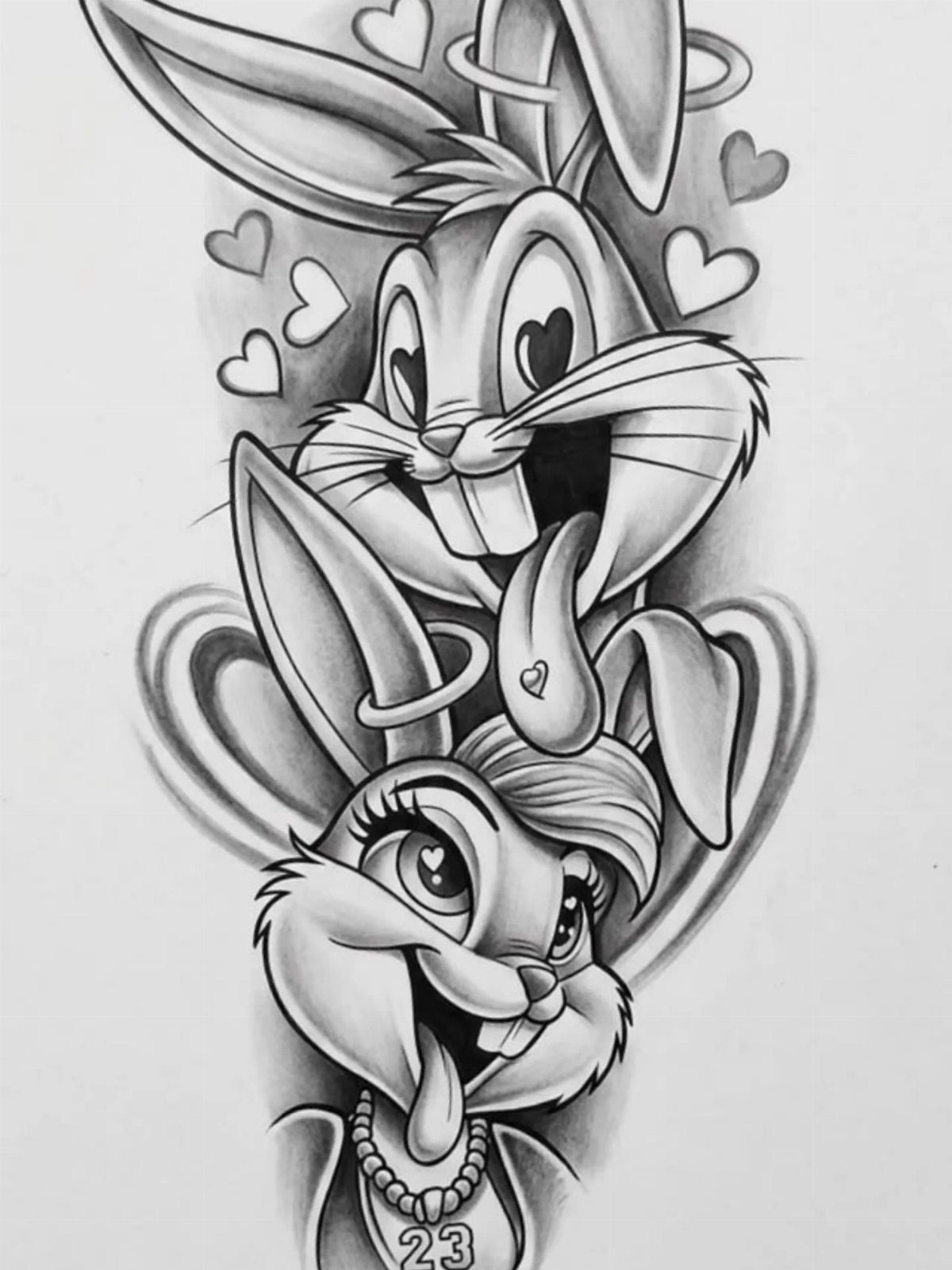 Bugs Bunny and Lola Bunny tattoo design in black and grey ink style
