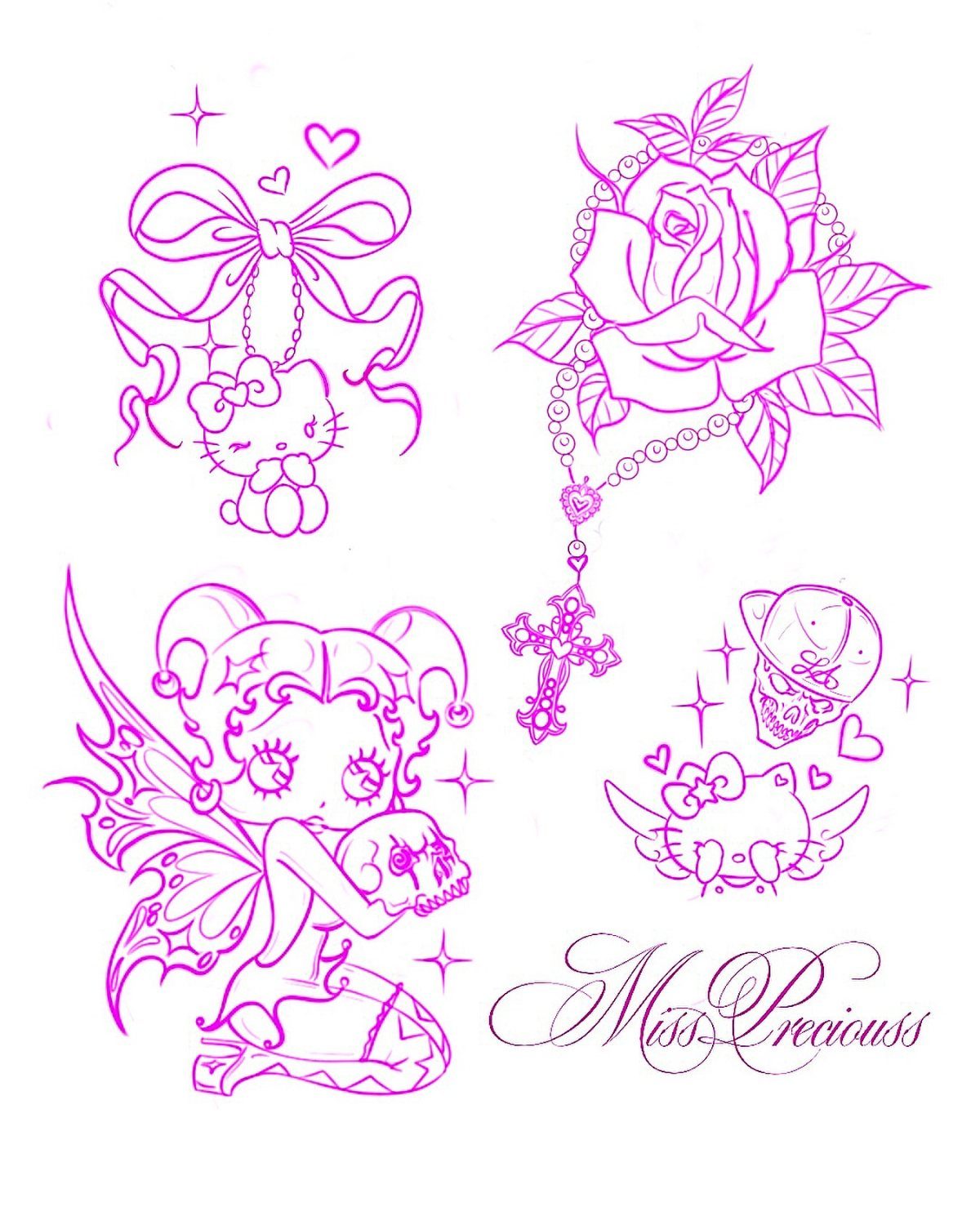 Pink line-art tattoo designs featuring a rose, characters, and skulls on white background.