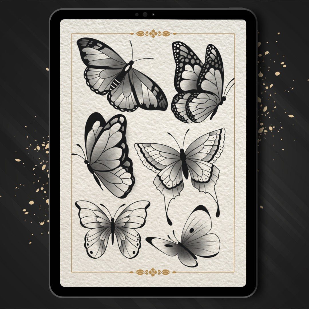 Six black and white butterfly tattoo stencil designs displayed on a tablet screen.