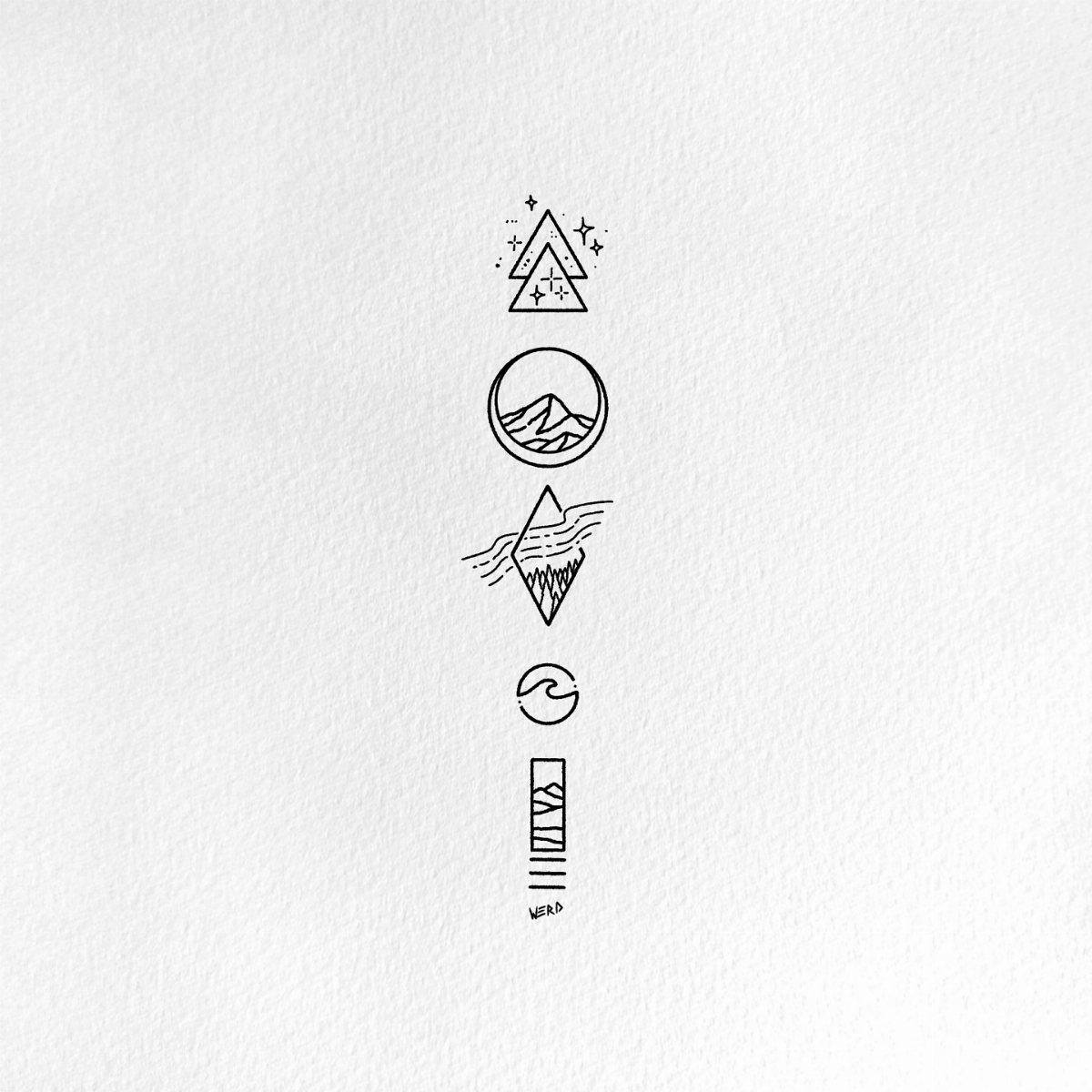 Five minimalist black ink tattoo designs featuring nature elements on white paper.