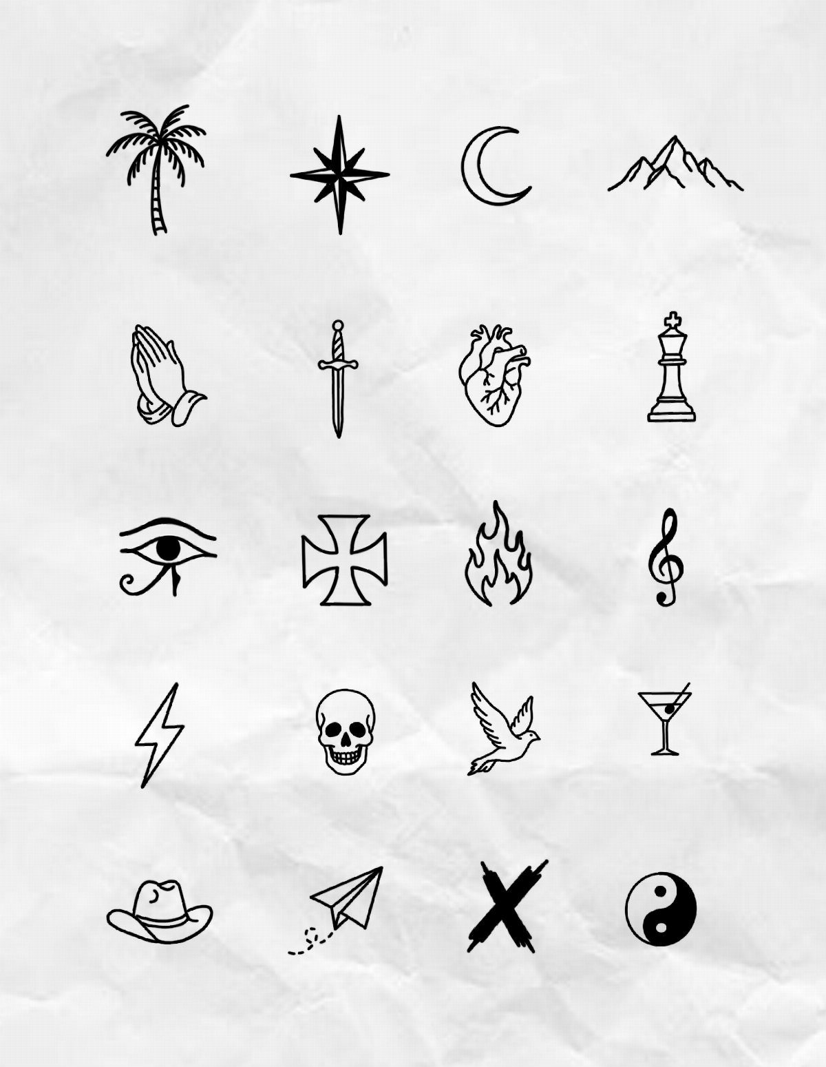 Grid of black line-art tattoo stencils on crumpled white paper.