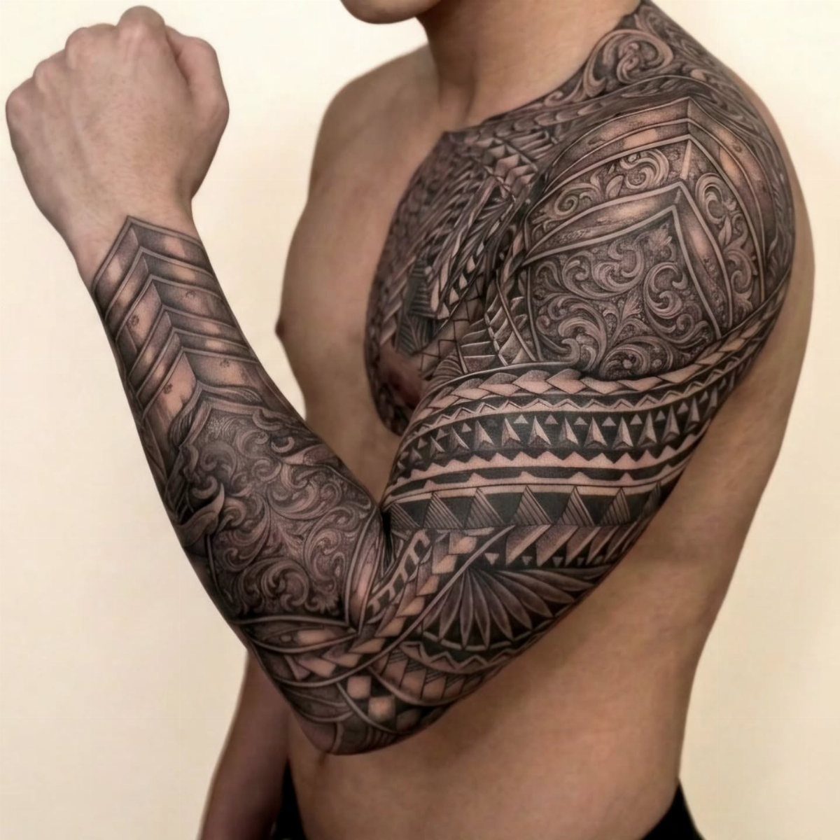 Full sleeve tribal tattoo with intricate black geometric patterns on a man's arm.