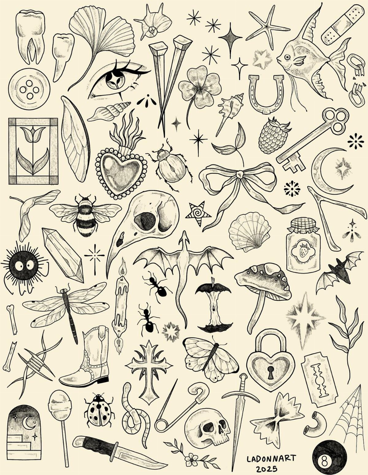 Collection of small black and white tattoo flash symbols on beige paper.