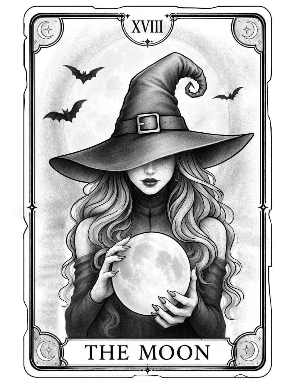Tarot card illustration of a witch holding a moon with bats and symbols.