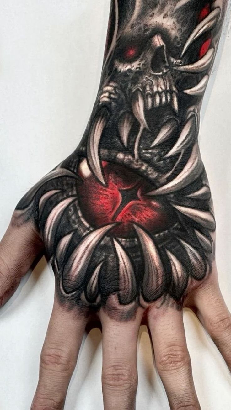 Biomechanical skull tattoo on a hand with red eyes and metallic claw details.