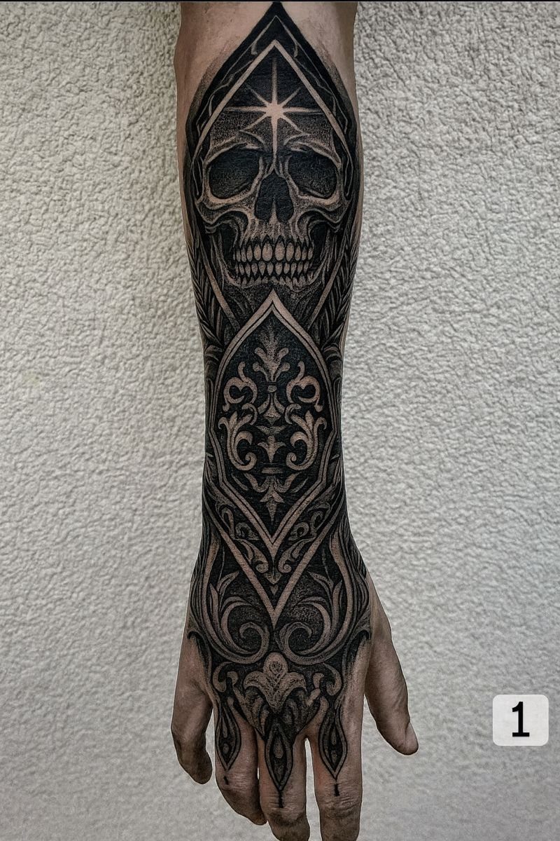 Black ink tattoo of a skull and ornate patterns on a hand and forearm.