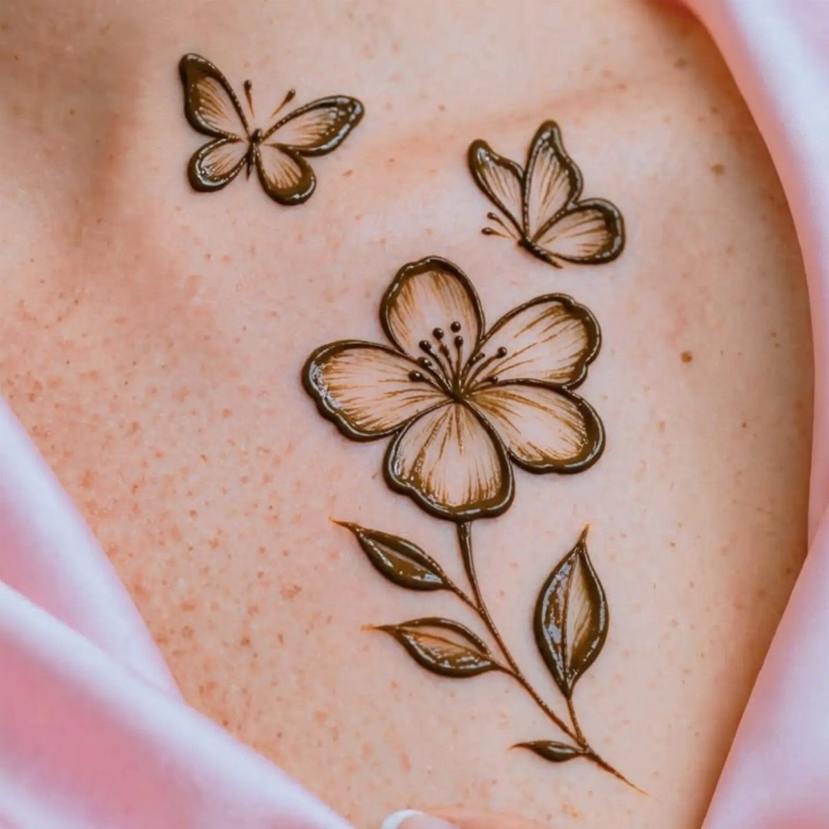 Henna paste design of a flower and two butterflies on freckled skin