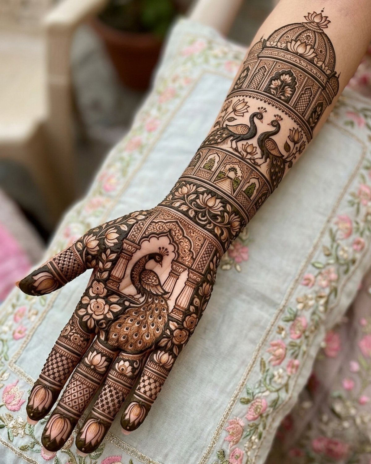 Intricate brown henna tattoo on hand and arm featuring detailed peacock motifs.