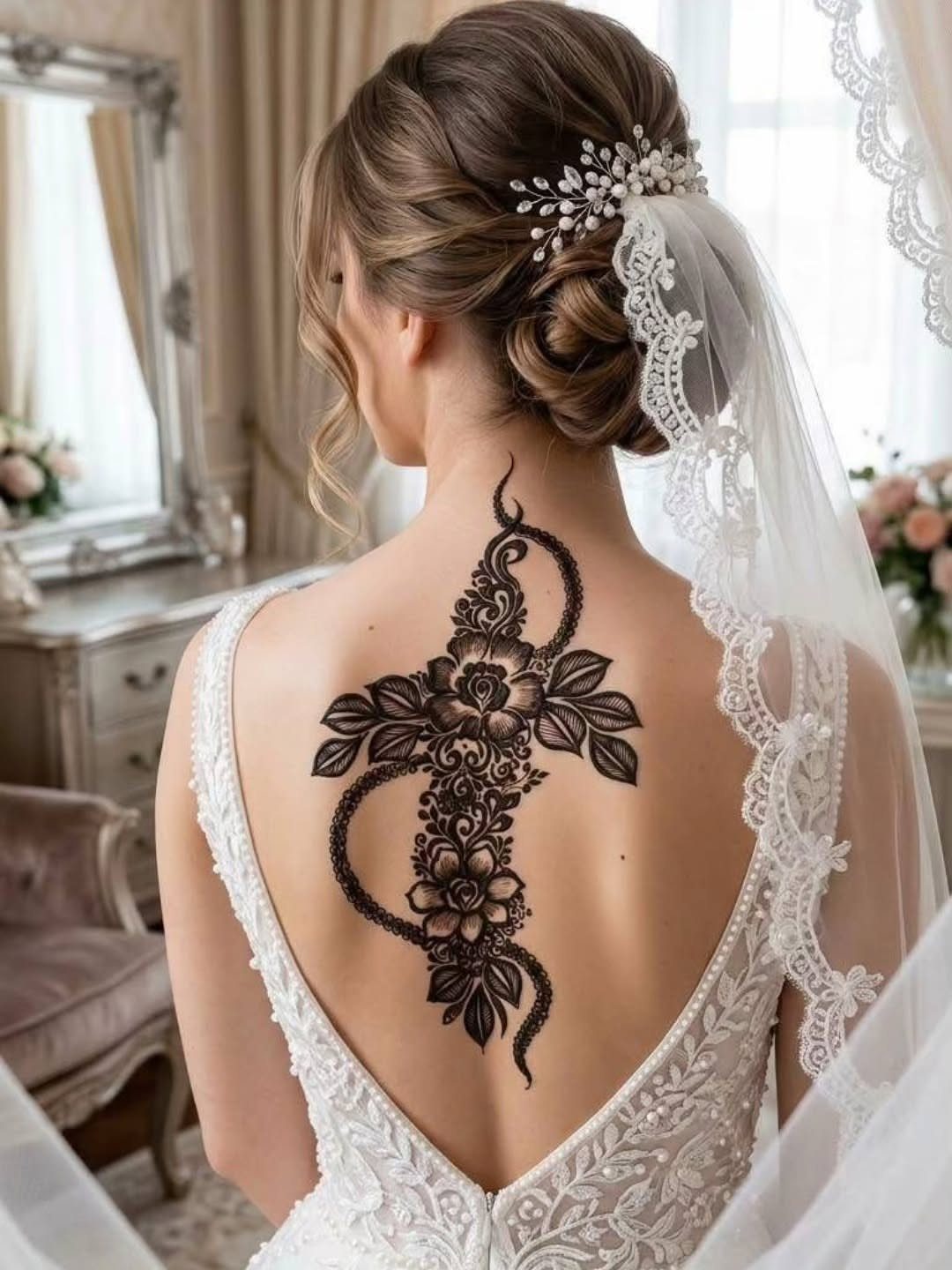 Floral henna tattoo with vines and leaves on a bride's back