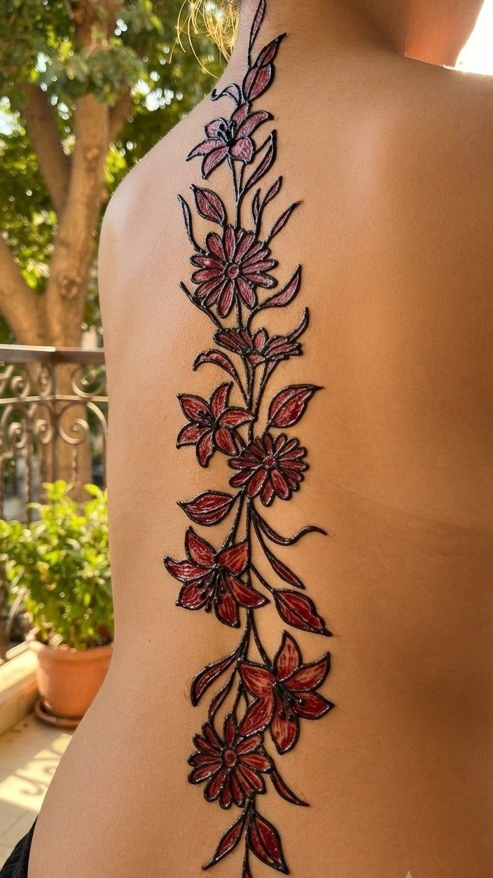 Floral henna tattoo with red and purple flowers running down a person's spine.