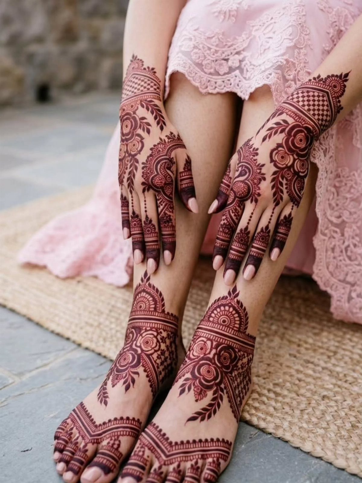 Intricate reddish-brown henna tattoo designs on a person's hands and feet.