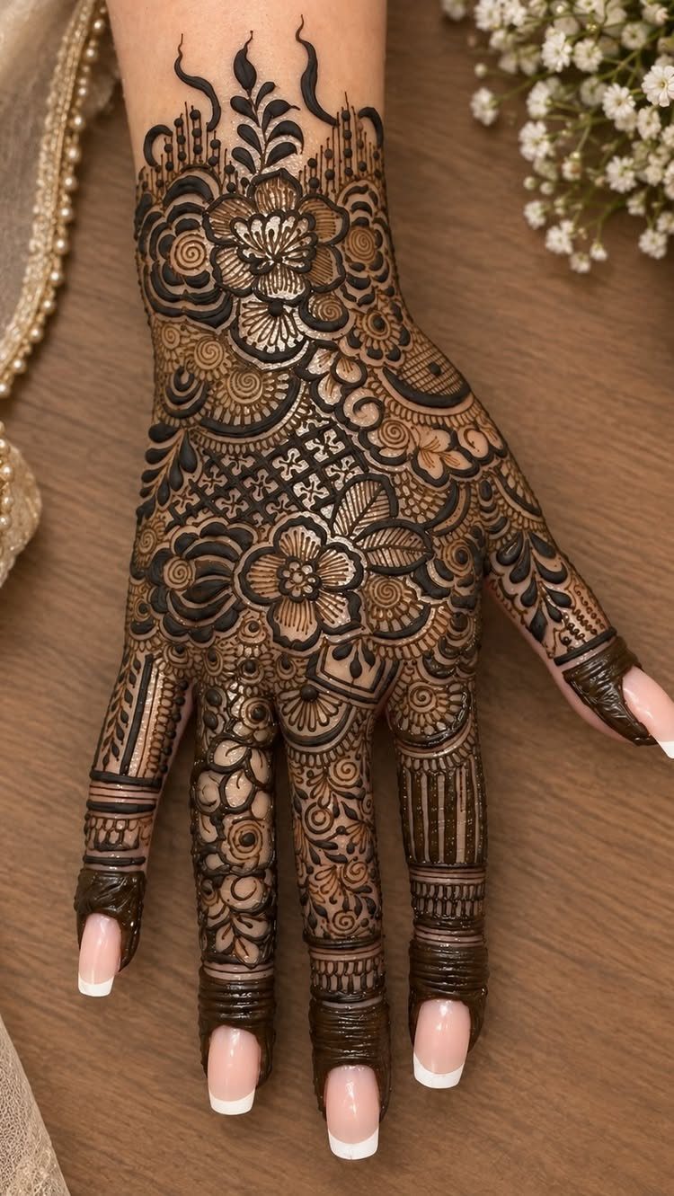 Intricate brown henna floral and geometric patterns covering a hand and fingers.