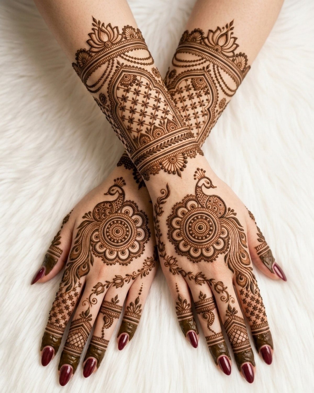 Intricate brown henna tattoo designs on hands and forearms with red nail polish.