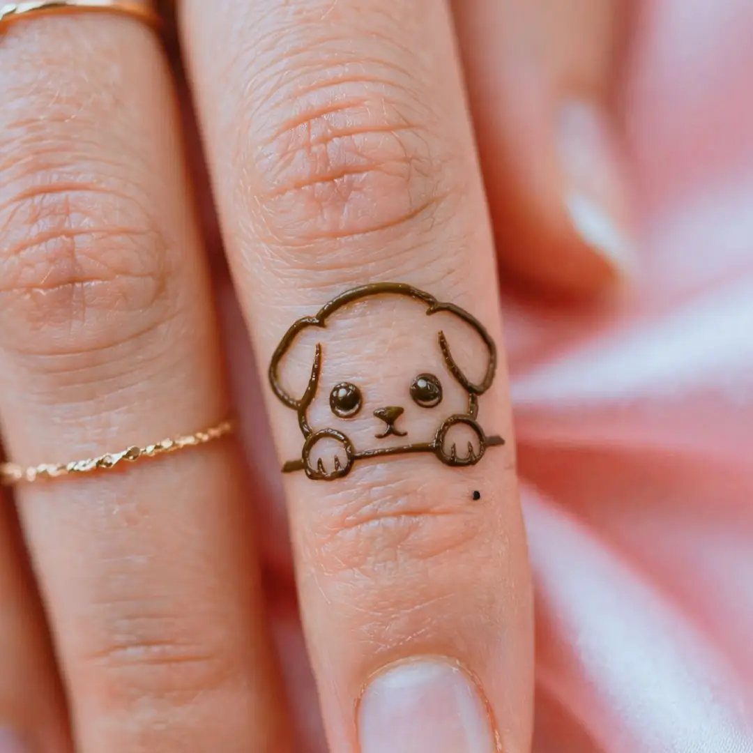 Small brown henna tattoo of a cute puppy face on a finger