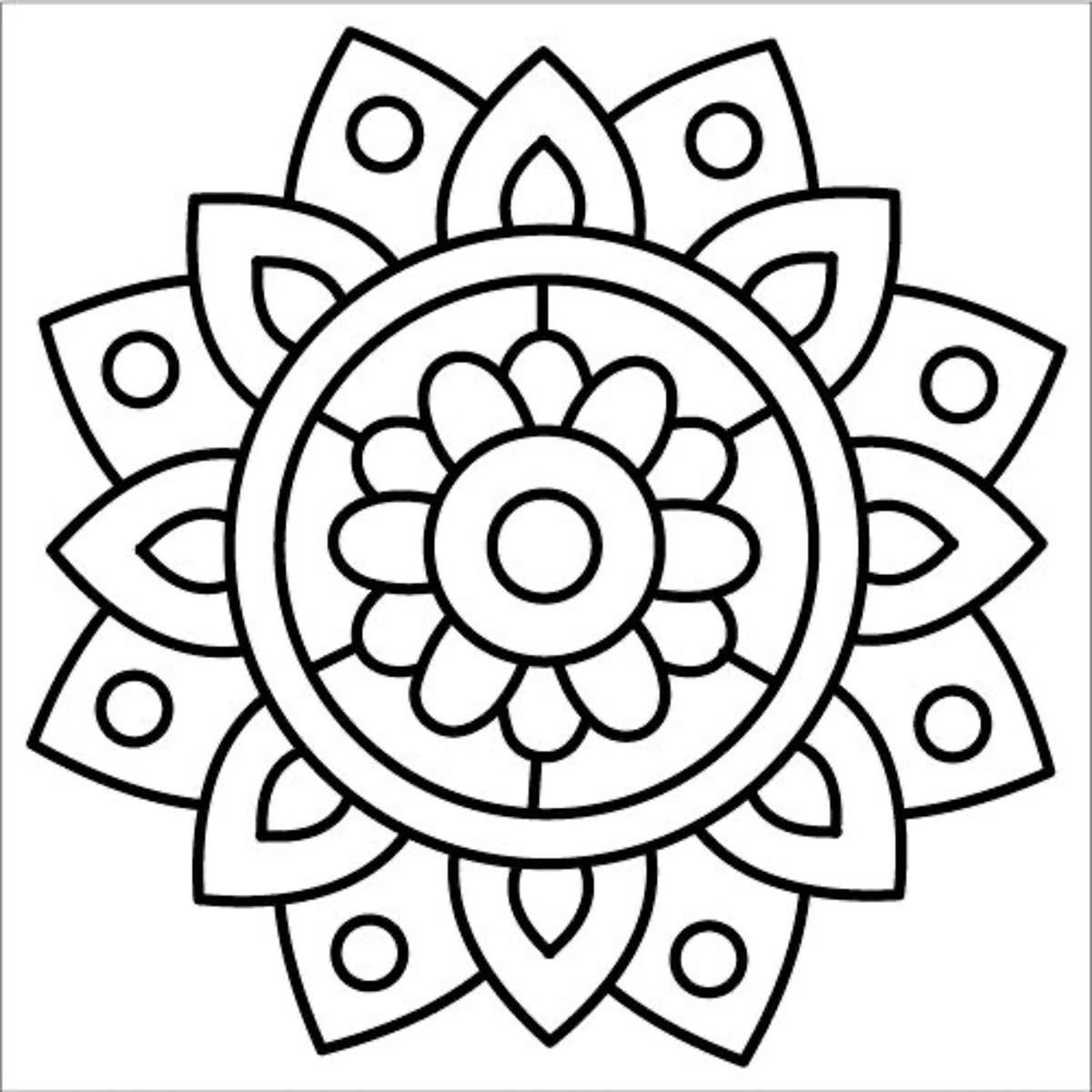 Symmetrical mandala line drawing with floral petals and concentric circles on white background