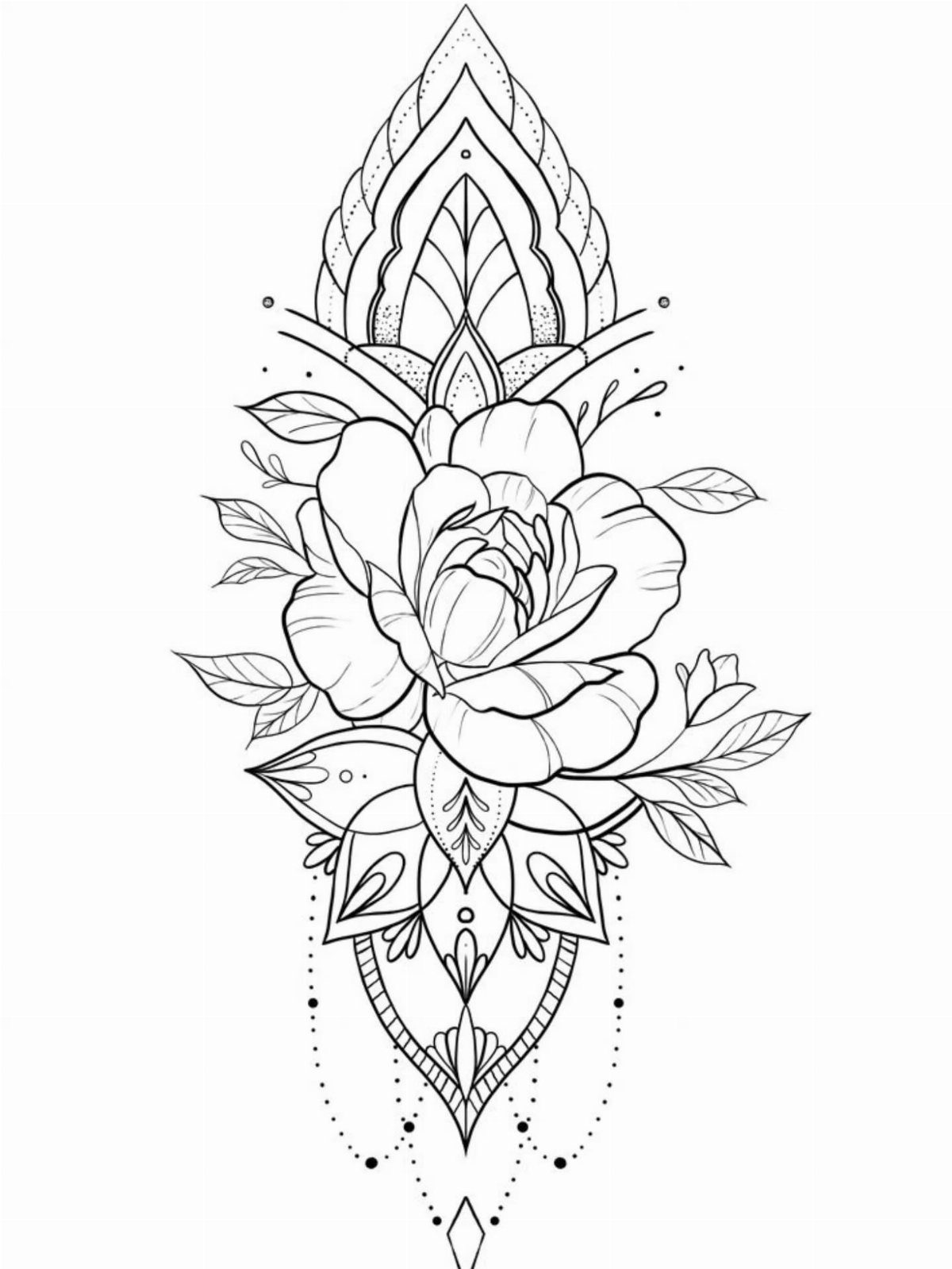 Mandala tattoo design with a central rose and symmetrical geometric patterns.