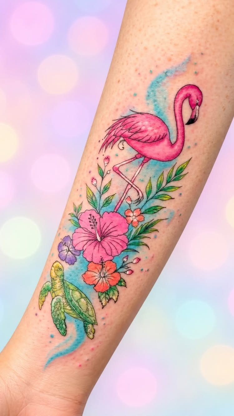 Watercolor tattoo on a forearm featuring a pink flamingo, sea turtle, and hibiscus flowers.