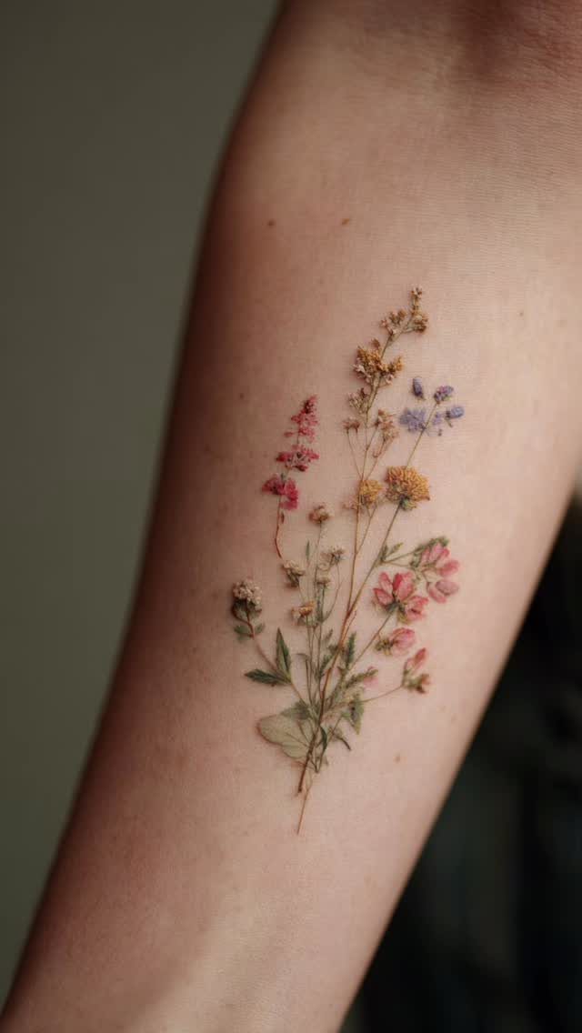 Wildflower tattoo with colorful blooms and green leaves on a person's forearm.
