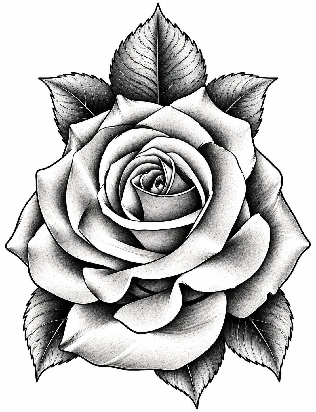 Black and white rose drawing with detailed shading and leaves on white background