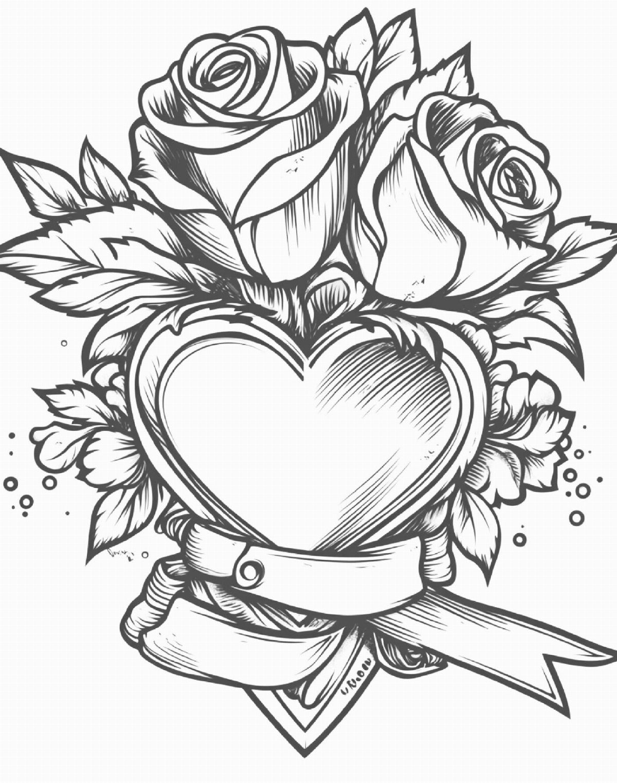 Heart and roses tattoo stencil with a ribbon banner in black and white linework.